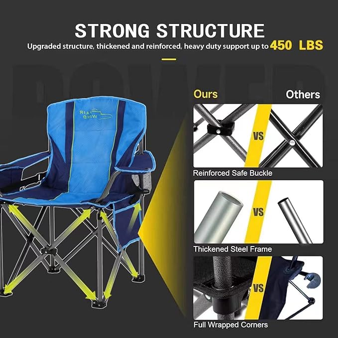 FAIR WIND Oversized Fully Padded Camping Chair with Lumbar Support, Heavy Duty Cooler Bag Fold Chair Support 450 LBS, Green