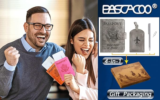 Passport Holder With Luggage Tag Cover Wallet RFID Blocking Leather Case Travel Essentials Accessories Travel Must Have(114#Grey)