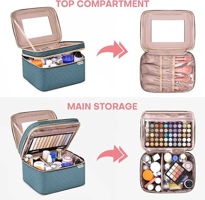 Large Makeup Bag with Mirror Double Layer Travel Make Up Organizer Case, Large Capacity Coemetic with Brush Slot Divider, Travel Toiletry Bag for Women (Lake Blue)