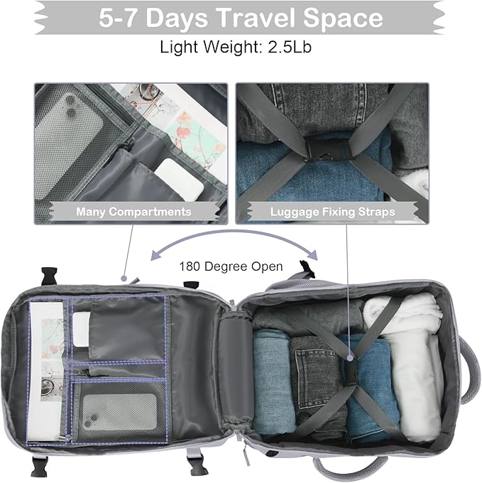 Hanples Large Travel Backpack for Women as Person Item Flight Approved, 35L Carry on Backpack,17 Inch Laptop Backpack with USB Charging Port, Travel Essentials with 2 Toiletry Bags (Gray)