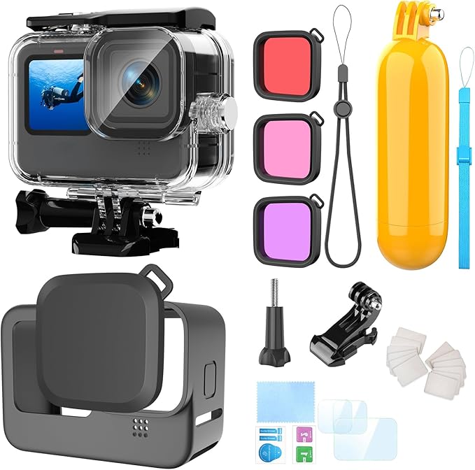 HONGDAK Waterproof Housing Case Accessories Kit 16in1 for Gopro Hero 12 11 10 9 Black,196FT/60M Underwater Protective Housing Dive Kit with Float Handle Sleeve Lens Cap Filters Anti-Fog Inserts
