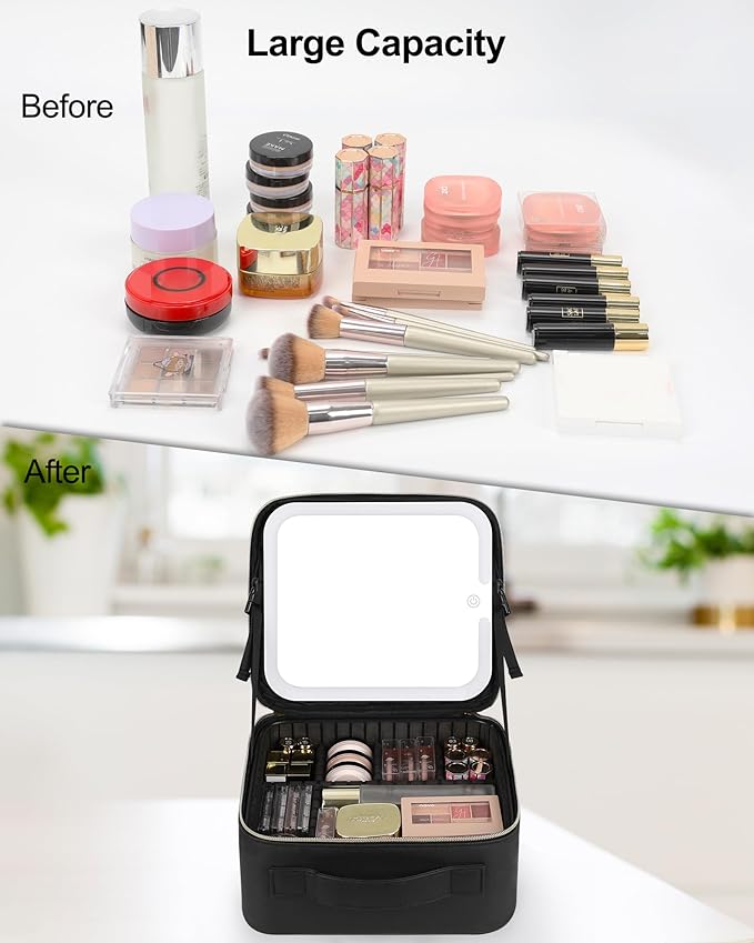 Chomeiu Makeup Bag with LED Mirror, Travel Makeup Case for Women and Makeup Artists Cosmetic Organizer Large Make Up Bags with Light Up Mirror, 3 Color Lights, Adjustable Dividers and Brush Holder