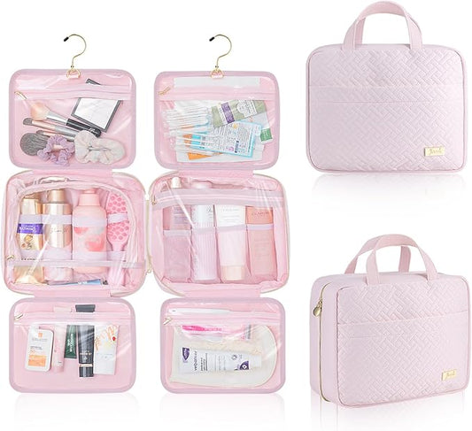 Hanging Travel Toiletry Bag for Women Detachable Toiletry Bag with 6 Compartments Large Makeup Bag Cosmetic Organizer for Bathroom Shower Business Trips Camping, Pink