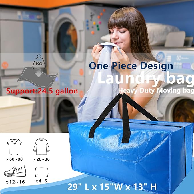 4 Pack Heavy Duty Extra Large Moving Bags Storage Tote - Strong Handles& Backpack Straps - Space Saving Storage Bags Alternative to Moving Boxes and Bins,Compatible with Ikea Frakta Cart, Blue
