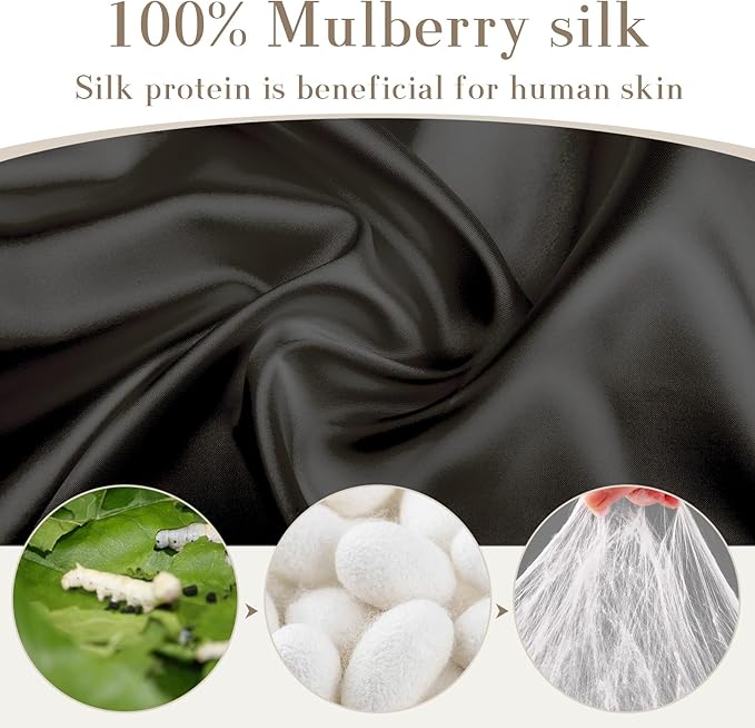 100% Mulberry Silk Sleep Mask Eye Mask for Women Man with Adjustable Band, for Side Sleeper Blackout Sleep Mask for Travel Rest and Office Large Size (Black)