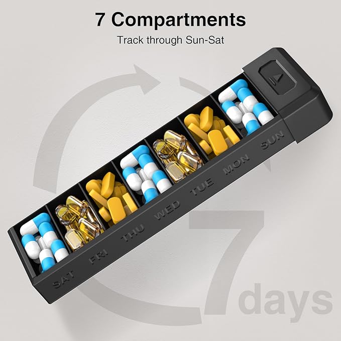 HEIYING Pill Organizer with Aluminum Shell for One Week Capacity, Portable 7 Compartments Pill Box Container to Hold Vitamin, Medicine, Supplements