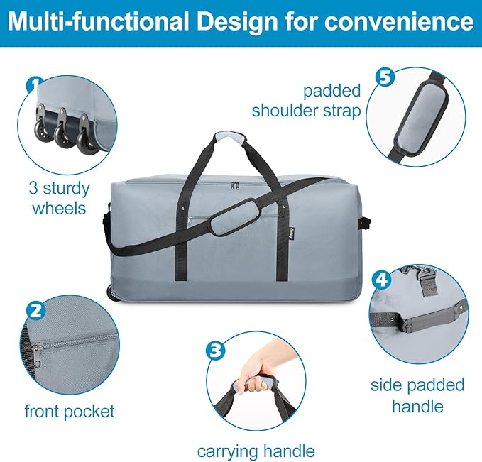 Finnhomy 120L Foldable Rolling Duffel Bag with 3 Wheels, Light Weight Travel Duffel bag with Large Loading Capacity, 32 inch Rolling Duffel bag with Shoulder Strap for Travel Camping Sports