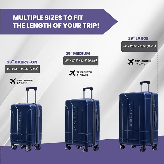 Spyder Carve 3 Piece Set with 360° Spinner Wheels, TSA Approved Lock, (20 Inch Carry On, 25 Inch Medium, 29 Inch Large) Navy