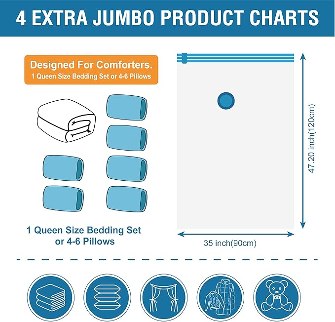4 Pack XXL Jumbo Vacuum Storage Bags, Extra Large Vacuum Seal Bags for Comforters, Bedding, Blanket Storage, Giant Space Saver Bags for Huge Stuffed Toy(47.2x35 in)