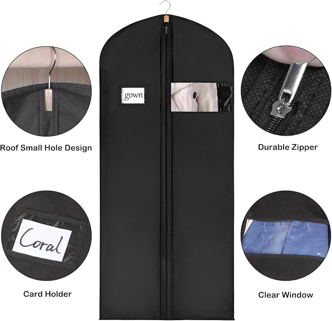 Syeeiex 60'' Garment Bags for Hanging Clothes, Set of 8 Dress Bags for Gowns, Dress Garment Bags for Gowns, Evening Dresses, Fur Coat, Long Dress(Black)