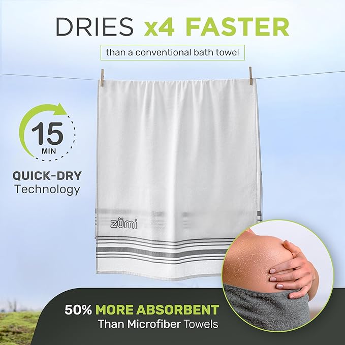 Zumi 100% Cotton Quick Dry Large Travel Towel - Soft, Thin, Compact, Highly Absorbent, Lightweight Camping Towel for Beach, Gym, Bath, Shower, Swimming, Dorm, RV - White