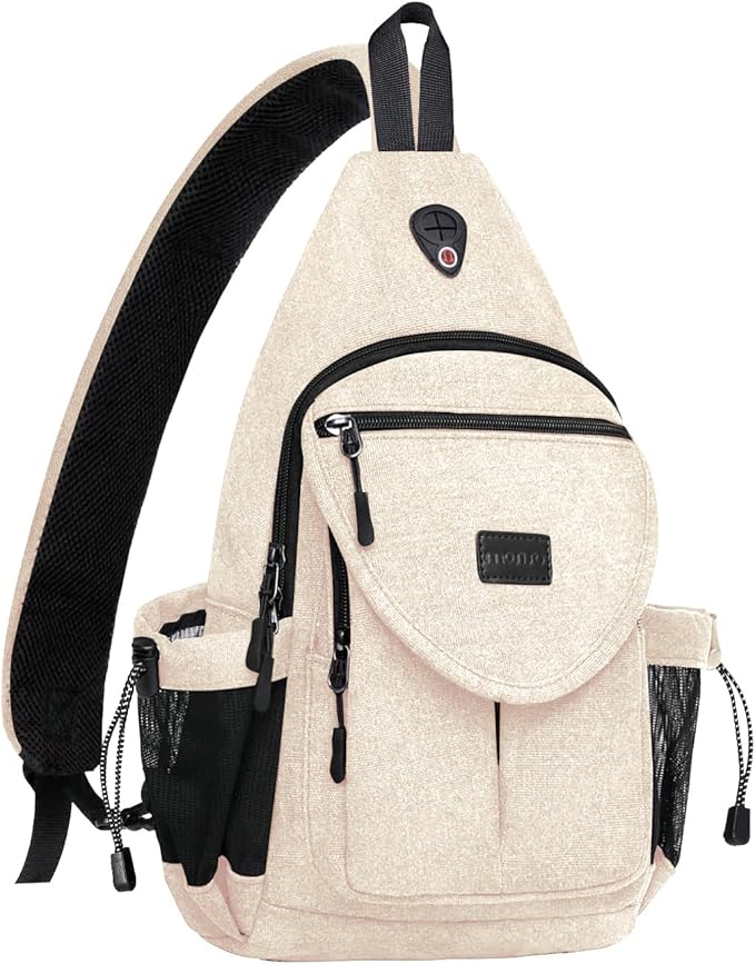 MOSISO Sling Backpack,Canvas Crossbody Hiking Daypack Bag with Anti-theft Pocket, Beige