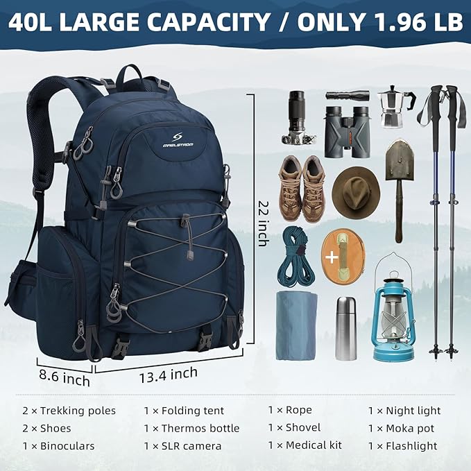 Maelstrom Hiking Backpack, 40L Waterproof Camping Daypack for Men and Women, Lightweight Travel Pack with Rain Cover-Blue