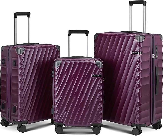 Luggage sets 3 piece with Spinner Wheels, PC Hard Shell Travel Luggage, Carry On suitcase with TSA Lock,YKK Zippers,Charcoal Metallic (Purple, 3 Piece Sets(20/24/28))