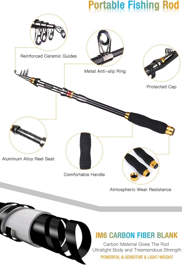 Fishing Rod and Reel Combo, Carbon Fiber Telescopic Fishing Pole with Spinning Reel, Fishing Line, Fishing Lures, Carrier Bag Travel Fishing Rods Kit Freshwater Saltwater Fishing Poles