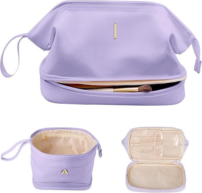 Initial Makeup Bags, Personalized Double Layer Cosmetic Bag with Makeup Brush Organizer, Grandma Birthday Gifts, Large Capacity PU Leather Toiletry Bag, Gifts for Women Girlfriend Friends