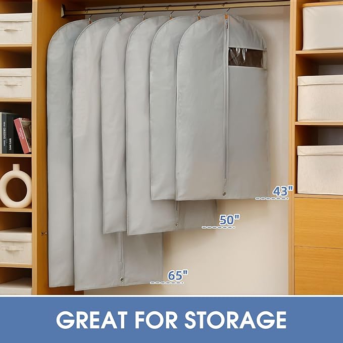Dress Bags for Gowns, 65'' Long Garment Bags for Hanging Clothes, Dress Garment Bag, Grey Dress Cover with Clear Window for Dresses, Coats, Uniforms - 5 Pack