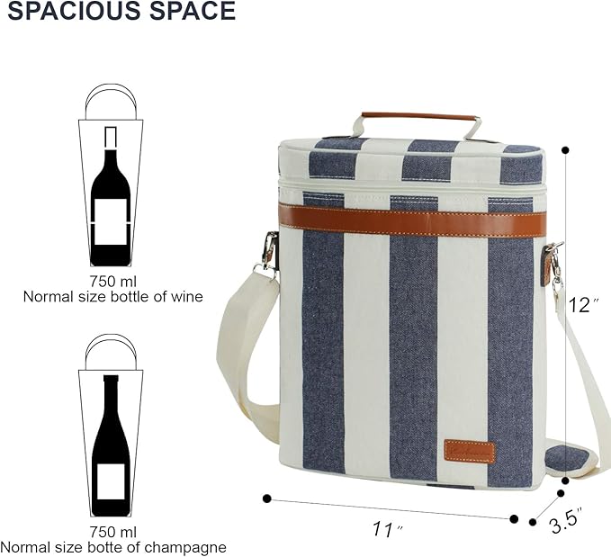 Zormy 3 Bottle Insulated Wine Tote Cooler Bag, Portable Carrier with Corkscrew Opener and Shoulder Strap for Beach Travel Picnic, Unique Carrier