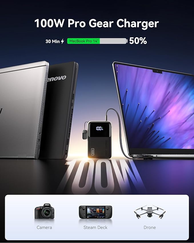 INIU 100W Power Bank, Mini Size 25000mAh High Capacity Laptop Portable Charger, USB C in&Out Tablet Powerbank, Smart Digital Display Phone Charger for iPhone 16 15, Samsung, iPad, MacBook, Laptop etc.