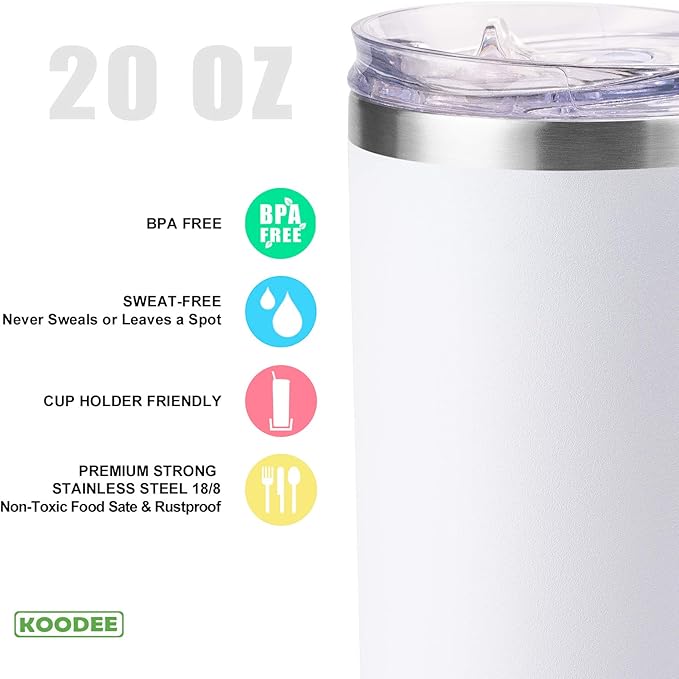 koodee 20 oz Skinny Tumblers (4 Pack) Stainless Steel Insulated Tumbler with Lids, Straws and Straw Brushes（Teal/Pink/Black/White）