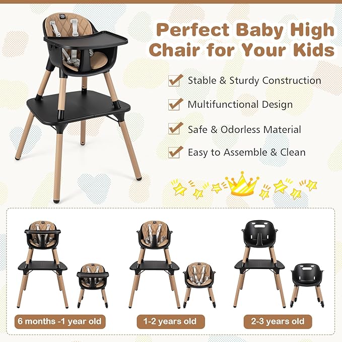 BABY JOY High Chair, 5 in 1 Convertible Highchair for Babies & Toddlers | Booster Seat | Table and Chair Set | Infant Feeding Chair with Removable Tray, Safety Harness, Removable Cushion (Brown)