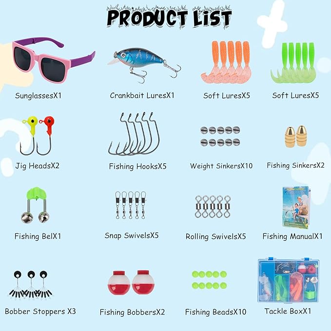 Kids Fishing Pole Set, Telescopic Fishing Rod Reel Combo Kids Starter Kit with Lures Tackle Box, Foldable Stool and Portable Bag for Boys Girls Younth