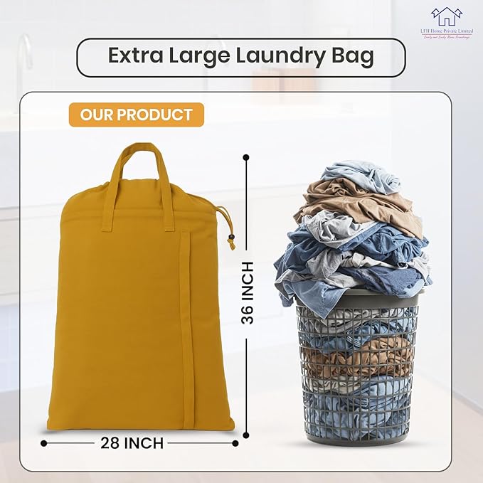 LFH Home Cotton Canvas Large Laundry Bag with Handle, Heavy Duty Drawstring Closure Washable Laundry Bags, School Travel, Home, Hotel, College Dorm, Organizer Sack, Toys Clothes 28x36-Yellow