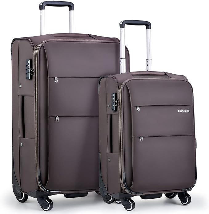 Hanke 20/28 Inch 2 Piece Luggage Sets with Spinner Wheels Expandable Luggage Large Suitcases with Wheels Lightweight Travel Luggage Rolling Suitcase with Lock Softside Checked Luggage.(Coffee)