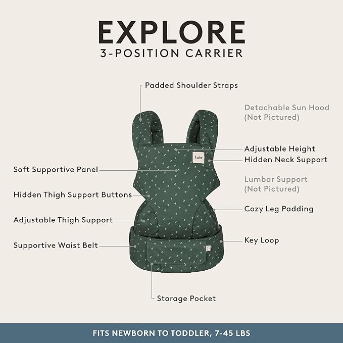 Baby Tula Explore Carriers - Breathable Baby Carrier Newborn to Toddler - Adjustable Toddler Carrier - Multiple Ergonomic Positions Front and Back - Ergonomic Fit for 7-45 lb - Cotton, Seedling