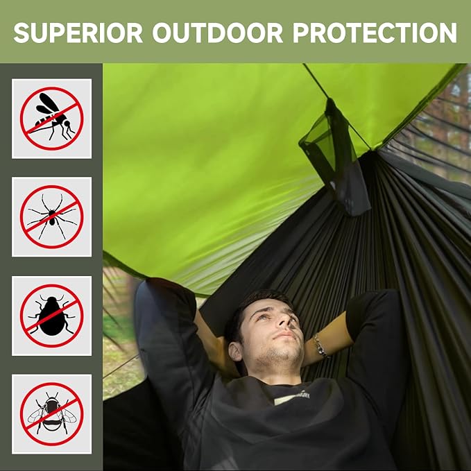 Camping Hammock with Mosquito Net and Sunshade, Backpacking Hammock with Ridge Rope Tree Straps, Lightweight Portable Hammocks for Outside, Hiking, and Travel