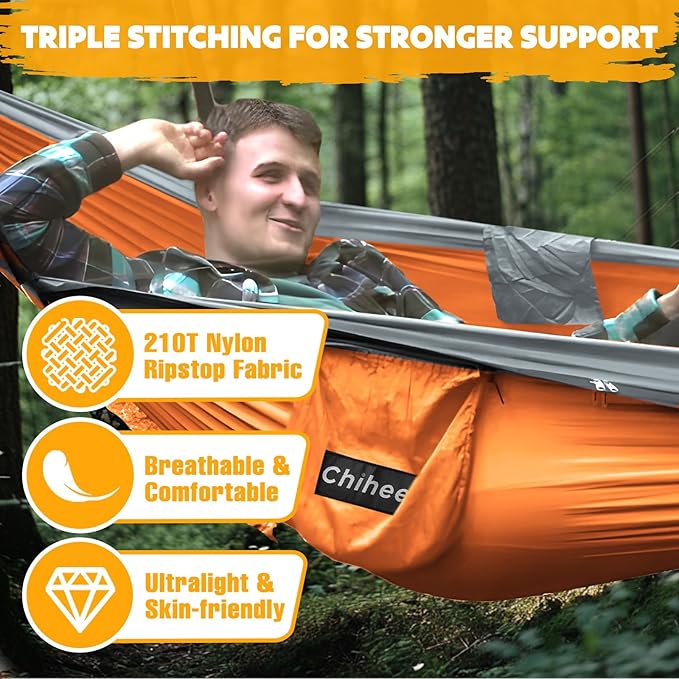 Chihee Ultra-Light Travel Camping Hammock Pop-up Net Hammock 660lbs Load Capacity,Breathable,Quick-Drying Parachute Nylon 2 Premium Carabiners,2 Tree Slings Included for Outdoor Backpacking Hiking