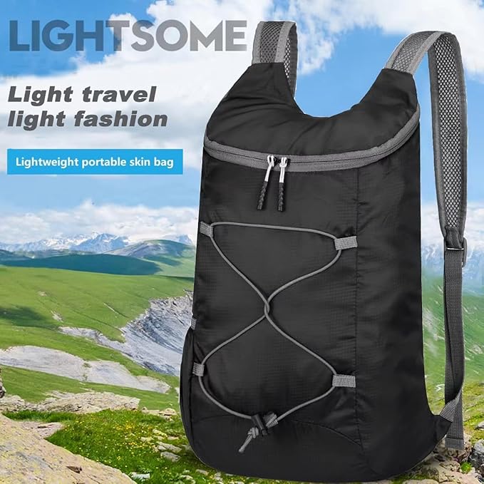 16L Hiking Daypack Lightweight Foldable Travel Backpack Water Repellent Camping Outdoor Packable Easy Carry-on Bag (Black&Gray)