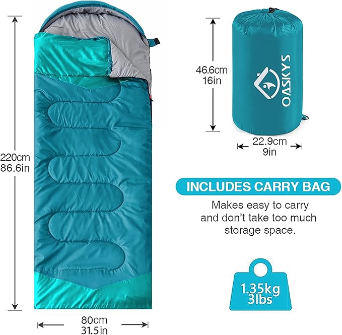 oaskys Camping Sleeping Bag - 3 Season Warm & Cool Weather - Summer Spring Fall Lightweight Waterproof for Adults Kids - Camping Gear Equipment, Traveling, and Outdoors