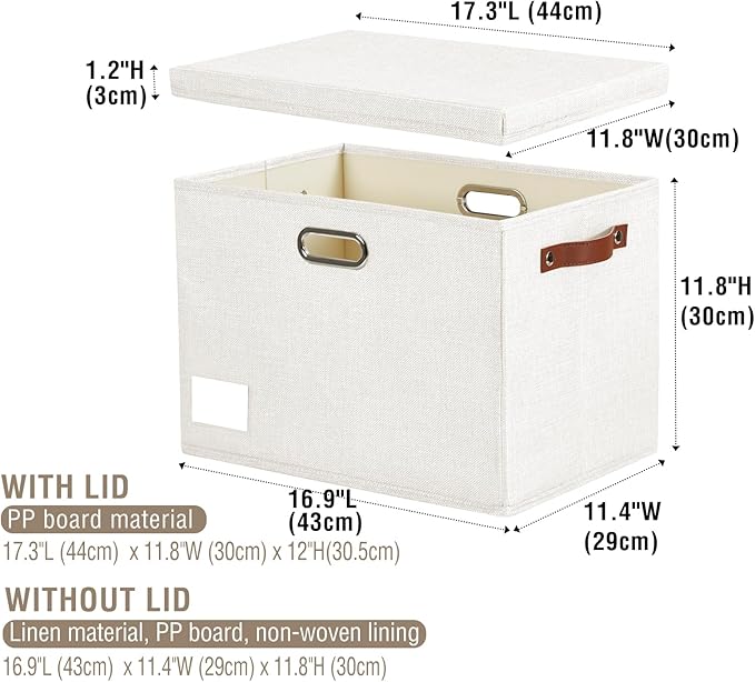 17" Large Collapsible Storage Bins with Lids, Stackable Closet Organizers with PU Handle and Labels, 3-Pack Decorative Fabric Storage Boxes for Home, Bedroom, Closet, Office, Nursery(White)
