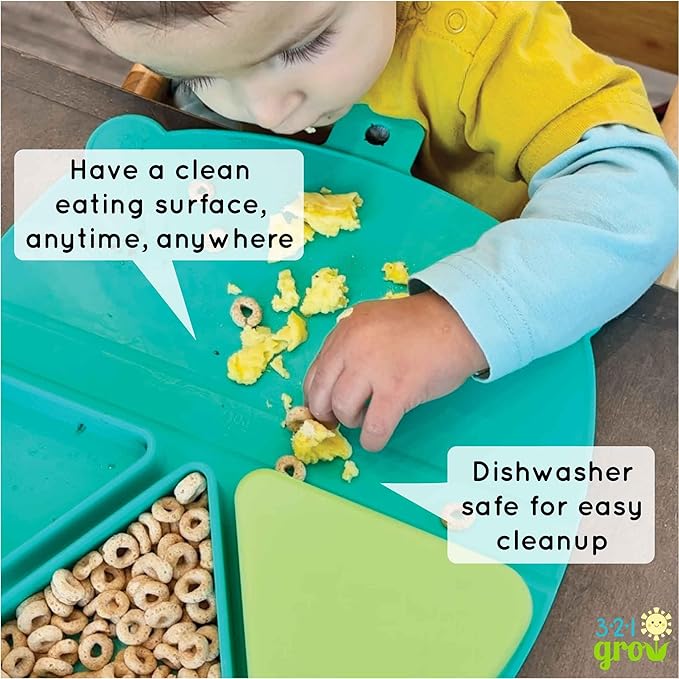 On-The-Go Snack Mat – Baby Silicone Travel Dining Placemat – Portable Silicone Toddler Plate – Reusable Snack Container with 3 Compartments and Lids for 6 Months + (Aqua)