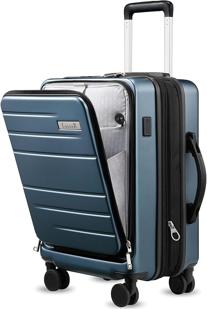 LUGGEX Carry On Luggage 22x14x9 Airline Approved, Expandable Polycarbonate Suitcase with Front Pocket (Blue, 20 Inch, 35L)