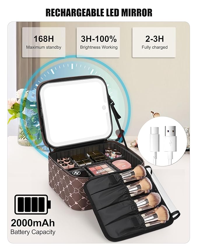 Relavel Travel Makeup Bag With LED Mirror, Portable Cosmetic Organizer Bag with Adjustable Brightness in 3 Color Scenarios, Small Train Case with Detachable Dividers for Trip- Brown Bowknot