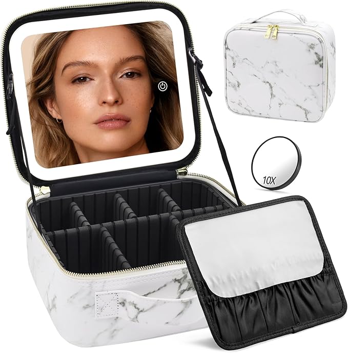 Makeup Bag with Mirror and Light, Makeup Case with Lighted Mirror, Travel Makeup Bag with Light up Mirror 3 Color Lights, Makeup Organizer Bag with Adjustable Dividers & Brush Holder(Marble)