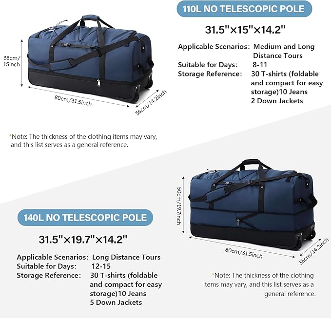 Rolling Duffle Bag with Wheels,110L/140L Expandable Soft-Sided Foldable Duffle Bag with 2 Rubber Wheels,Packable 32” Rolling Carry-On with Multi-Pockets & Compartments (Blue)