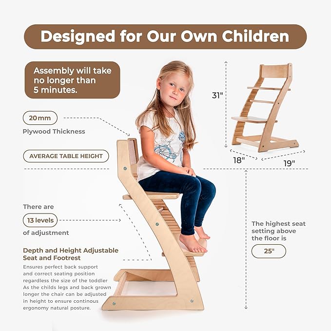 FORNEL Scandinavian Wooden High Chair | The Adjustable Grow-with-Me Chair, A Smart Alternative to Stokke | Perfect for Modern, Minimalist Kitchens (Natural & White)