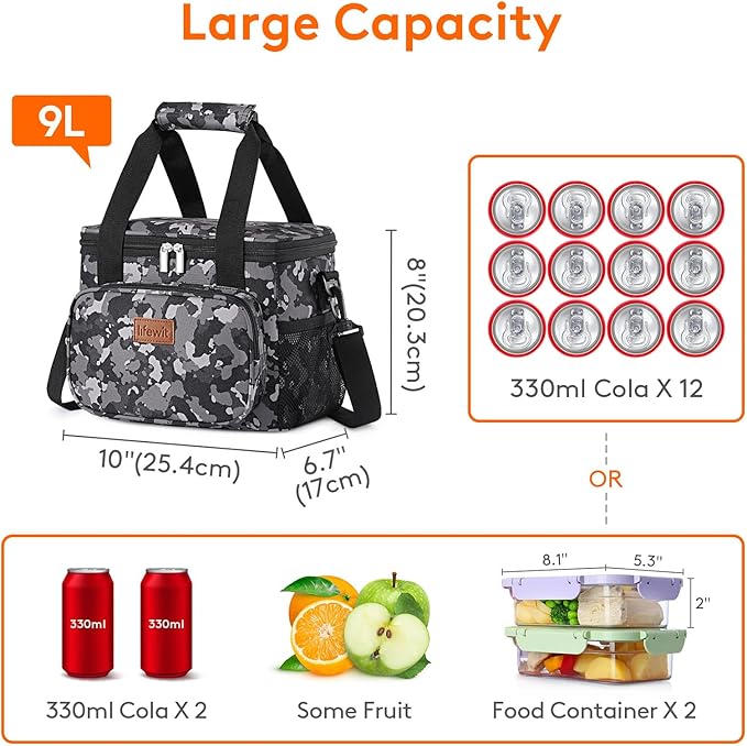 Lifewit Medium Lunch Bag Insulated Lunch Box Soft Cooler Cooling Tote for Adult Men Women, Black Camo 12-Can (9L)