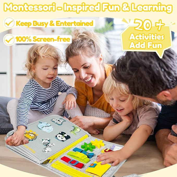 Qizfun Busy Board Book Montessori Toys for 1 2 3 4 Year Old, Boy Girl Birthday Gifts, Educational Sensory Learning Toys for Toddlers 1-3, Car Airplane Travel Activities Toys for Kids Ages 2-4 Year Old