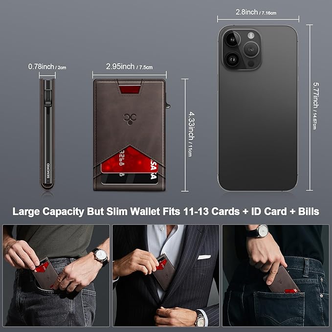 Wallet for Men Wallet with Slim Pop Up Card Holder for 12-14 Cards, RFID Blocking Bifold Minimalist Smart Wallet, Credit Card Holder with ID Window & Cash Slot, Compact Metal Card Case, Gifts for Men