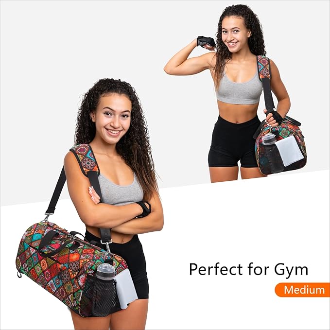 TOPDesign Gym Bag for Women, Duffel Bag with Shoe Compartment & Wet Pocket for Travel Sports (M Yoga)