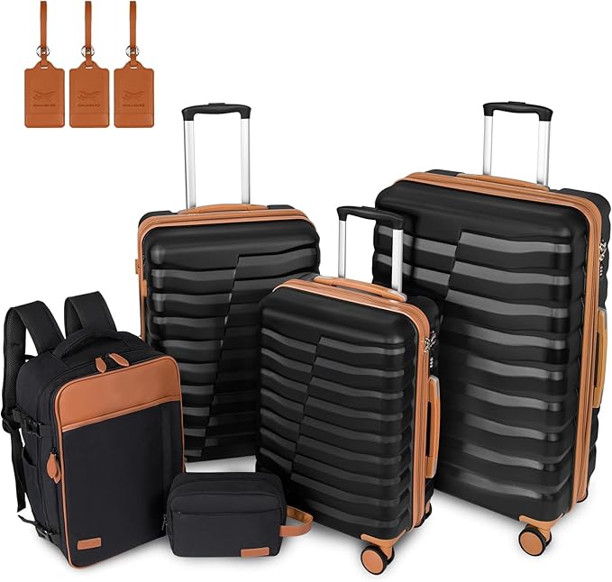 5-Piece Lightweight Luggage with Backpack Sets, ABS+PC Hard Shell Suitcase with TSA Lock & YKK Zipper (Black Brown, 20in/24in/28in/BP/TB)