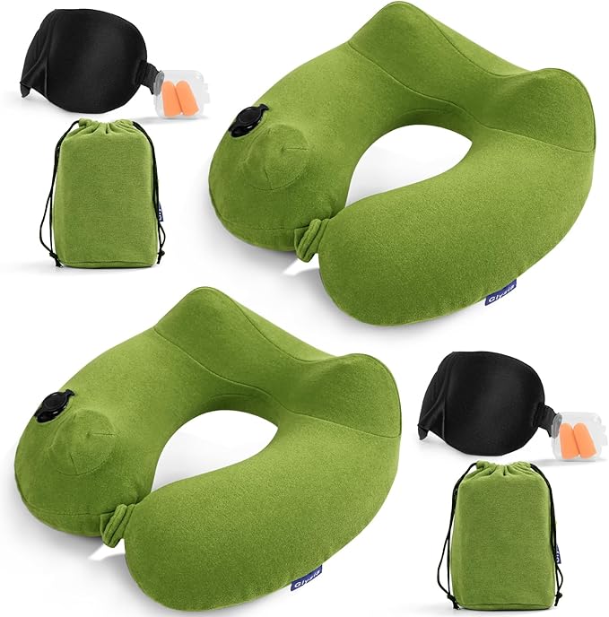 2 Pack Inflatable Travel Neck Pillows for Airplanes, Head Support Velvet Adult Neck Pillows for Long Flight, Kit with Eye Mask, Earplugs and Storage Bag, 2, Green