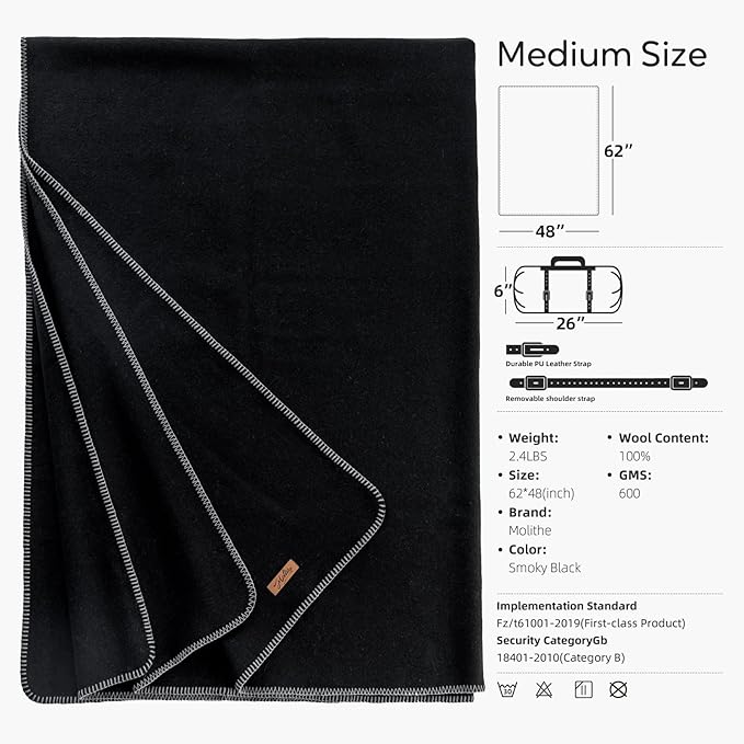 100% Wool Blanket, 48" x 62", Warm, Thick, Washable, Military Wool Blanket, Great for Camping, Outdoors, Sporting Events, Survival Kits