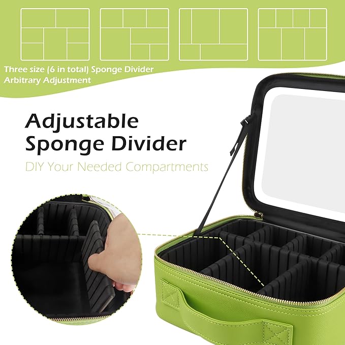 MOMIRA Travel Makeup Bag Cosmetic Bag Makeup Organizer Bag with Lighted Mirror, Adjustable Brightness in 3 Color Scenarios, Waterproof Makeup Train Case, Gift for Women - Grass Green