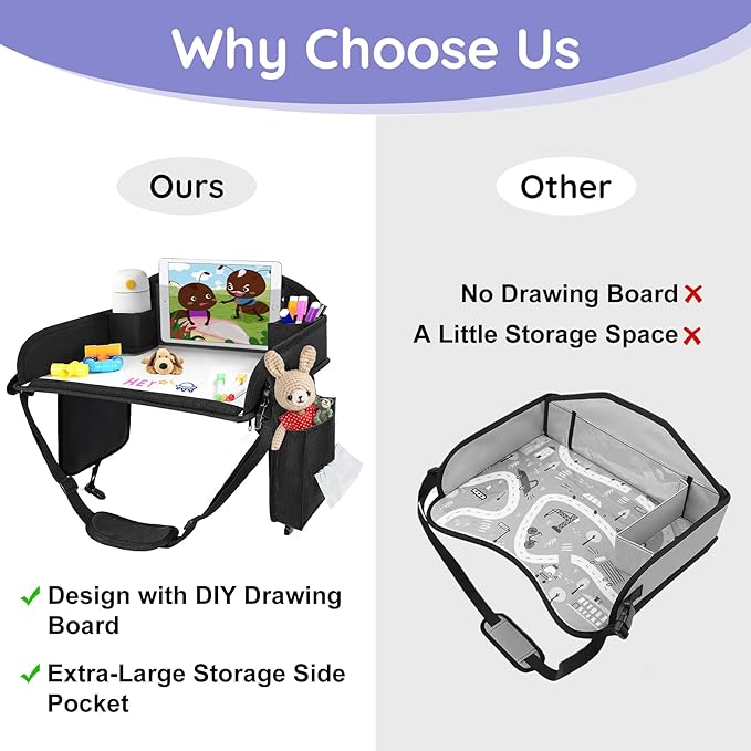 2Pcs ‎Kids Travel Tray, Kids Travel Trays for Car Seat, Road Trip Essentials for Toddler, Carseat Lap Tray with Dry Erase Board & Storage Organizer for Road Trip Activities for Kid, Black