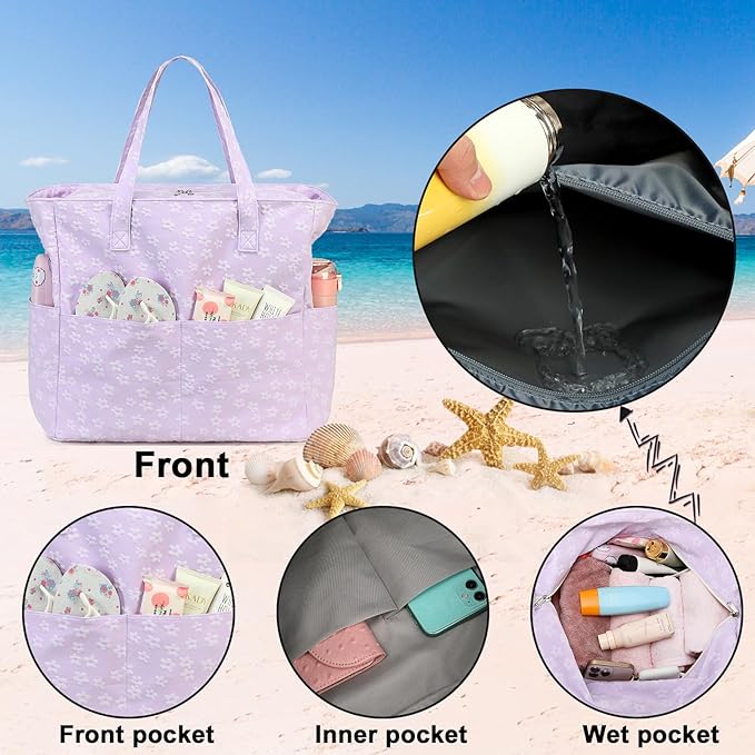 Waterproof Beach Tote Pool Bags for Women Ladies Extra Large Gym Tote Carry On Bag With Wet Compartment for Weekender Travel